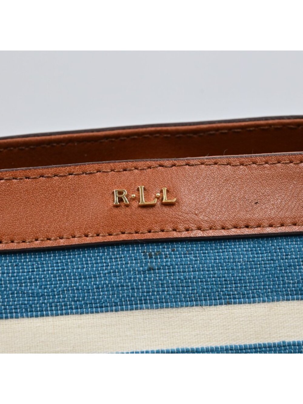 Lauren Ralph Lauren Fairfield City Striped Canvas Tote Bag Tan Leather Trim - Picture 2 of 16